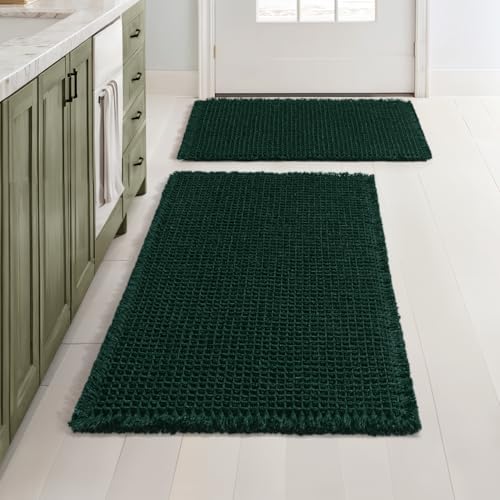 MIULEE Set of 2 Waffle Bathroom Rugs Dark Green Bath Mat 17"x24"+18"x30"