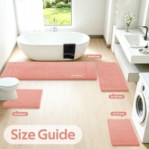 ACCUMTEK Upgrade Luxury 2 Piece Coral Toilet Bathroom Rug Mat 48"x20"+24"x17", Ultra Soft Thick Absorbent Bath Mats, Non Slip Chenille Toilet Mat for Bathroom, Bedroom, Kitchen, Shower, Tub