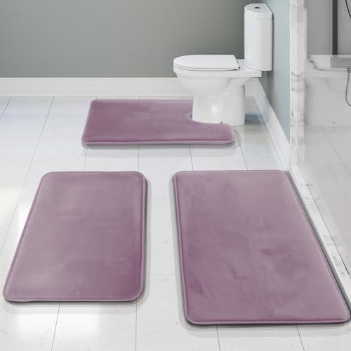 Clara Clark 3 Piece Bathroom Rugs, Velvet Memory Foam Bath Mat Set, Non-Slip Bath Rugs, Machine Wash, Dries Quickly, Ultra Soft Plush Bath Mats for Bathroom, 17 x 24/20 x 32 / Contour, Dusty Purple