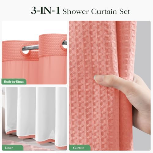 Dynamene Coral Hook Free Waffle Shower Curtain & Snap-in Fabric Liner,72x81