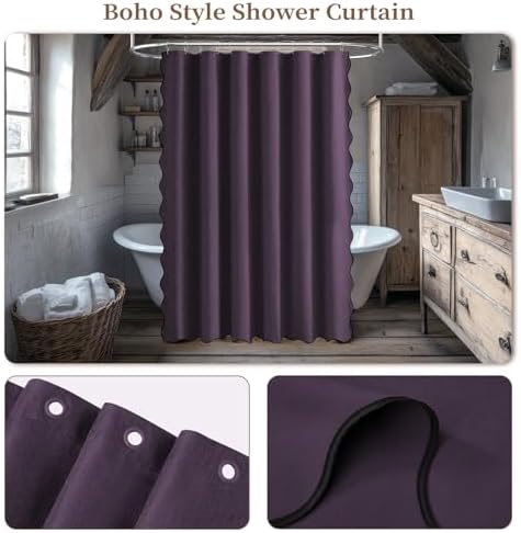 BTTN 72x78 Boho Scalloped Linen Textured Cloth Shower Curtain Set, Purple
