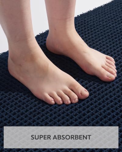 tchdio Waffle Bath Mat Rug, Super Absorbent Non Slip Bath Mats Ultra Soft Bathmat Machine Washable Bathroom Rugs with Tassels, Bath Rugs for Bathroom Floor Beside Tub, 24" x 36", Navy Blue