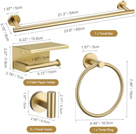 TURS Brushed Gold 5-Piece Bathroom Hardware Set Towel Bar Set SUS304 Stainless Steel Towel Racks for Bathroom Wall Mounted, 23.6-Inch