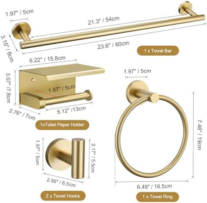 TURS Brushed Gold 5-Piece Bathroom Hardware Set Towel Bar Set SUS304 Stainless Steel Towel Racks for Bathroom Wall Mounted, 23.6-Inch