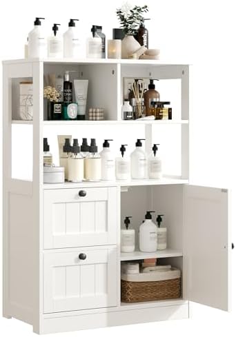 GRUSIGN Bathroom Storage Cabinet with Door and Drawers, Small Freestanding Bathroom Cabinet Organizer, Farmhouse Wooden Cupboard with Adjustable Shelves for Kitchen, Living Room, White