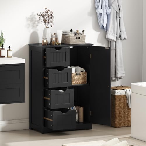 Giantex Bathroom Storage Cabinet with Drawers - 4 Drawer Storage Organizer w/Cupboard, Adjustable Shelf, Anti-Toppling Device, Entryway Storage Unit Console Table, Bathroom Floor Cabinet (Black)