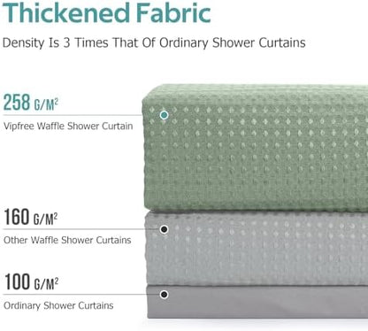 Vipfree 3 in 1 Shower Curtain Set, Waffle Shower Curtain and Liner Set with 12 Double Sided Shower Curtain Hooks, 258GSM Luxury Weighted Cloth Shower Curtains for Bathroom, 72 W x 72 H, Sage Green