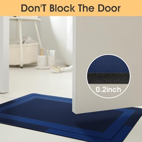 ACCUMTEK Non Slip Bath Mat, Thin Bathroom Rugs Fit Under Door, Quick Dry Bath Mats, Machine Washable Bath Rugs for Bathroom, Bathtub & Kitchen, Bathtub, Dark Blue/Bordered/48 x20