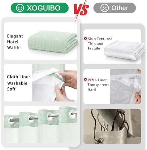 No Hook Shower Curtain with Liner Set Hotel Waffle Mint Green 72W X 75L