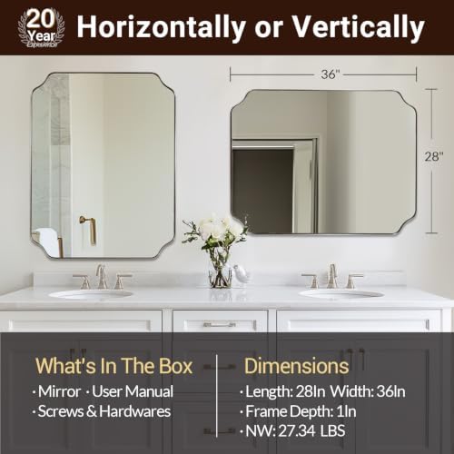 ANDY STAR 28x36 Inch Brushed Nickel Mirror, Silver Bathroom Mirror for Over Sink, Rounded Notched Corner Mirror in Anti-Rust Stainless Steel Thin Frame, Wall Mount Vertically or Horizontally