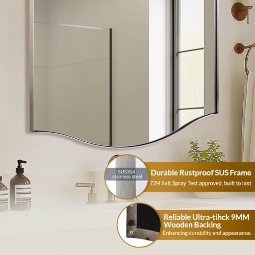 ANDY STAR Rectangle Scalloped Mirror, 24"x40" Brushed Nickel Bathroom Mirror in SUS304 Stainless Steel Metal Frame, Silver Vanity Mirror with Unique Arched Top Design