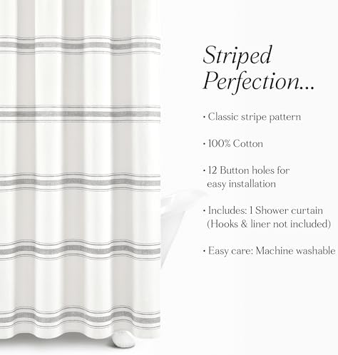 Lush Decor Farmhouse Stripe Cotton Shower Curtain, 72" W x 72" L, Gray - Striped Bathroom Curtain - Fabric Shower Curtains - Farmhouse Bathroom Decor