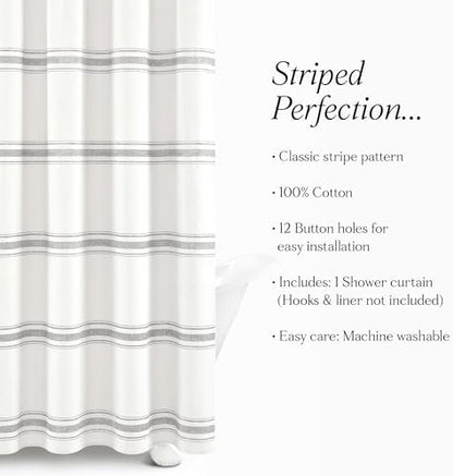 Lush Decor Farmhouse Stripe Cotton Shower Curtain, 72" W x 72" L, Gray - Striped Bathroom Curtain - Fabric Shower Curtains - Farmhouse Bathroom Decor