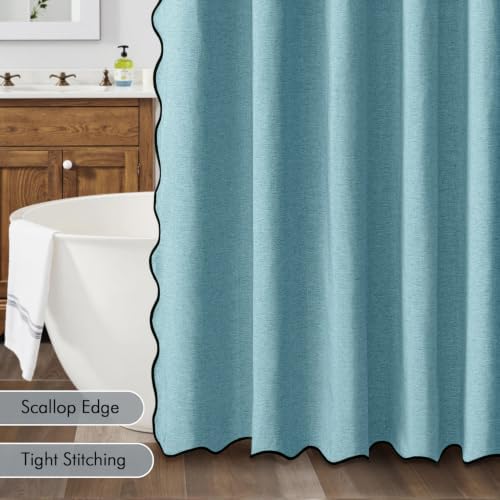 MIULEE Teal Scalloped Linen Shower Curtain 72x72 Inches