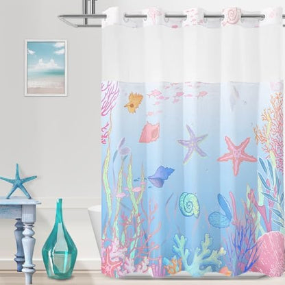 No Hook Shower Curtain and Liner Set, Blue Pink Beach Coastal 71x74
