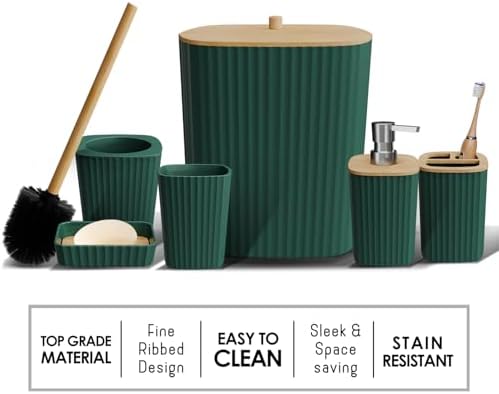 Clara Clark Bathroom Set - Hunter Green Bathroom Accessories Set, 6PC Bathroom Accessory Set, Bathroom Sets with Bathroom Rugs, Toilet Brush, Trash Can & Soap Dispenser