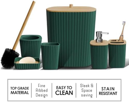 Clara Clark Bathroom Set - Hunter Green Bathroom Accessories Set, 6PC Bathroom Accessory Set, Bathroom Sets with Adhesive Corner Shower Caddy Hanging, Toilet Brush, Trash Can & Soap Dispenser