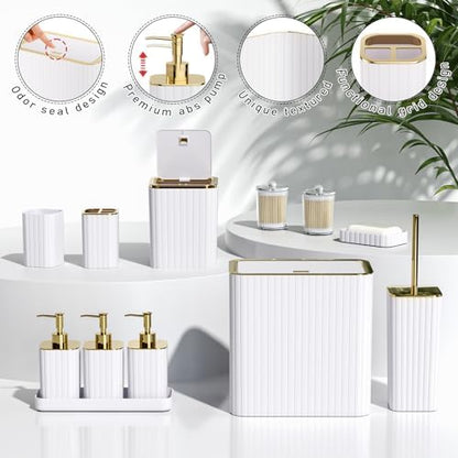 Bathroom Accessory Set - Bathroom Set, 12PC Bathroom Accessories Set, White Bathroom Accessories Set, Mini Trash Can, Toilet Brush, Trash Can & Soap Dispenser
