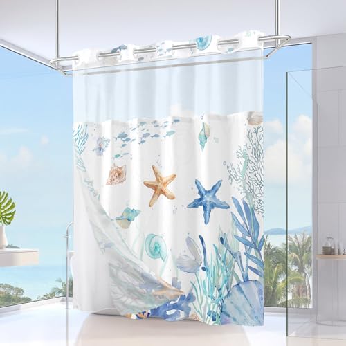 No Hook Shower Curtain and Liner Set, Watercolor Blue Beach Coastal 71x84