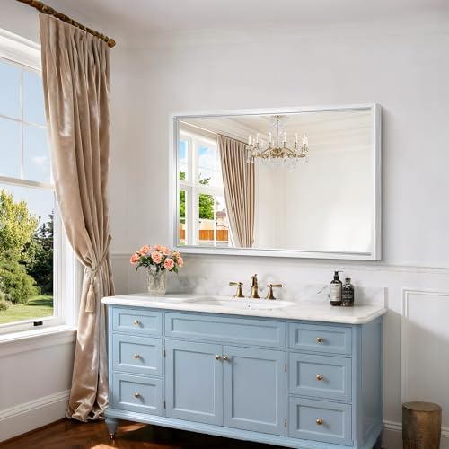 42x30 Silver Bathroom Mirror, Brushed Silver Rectangular Mirror for Wall, 0.6" Thickened Deep Frame Mirrors for Bathroom Sink, Shatterproof Tempered Glass, Antirust, Horizontally or Vertically
