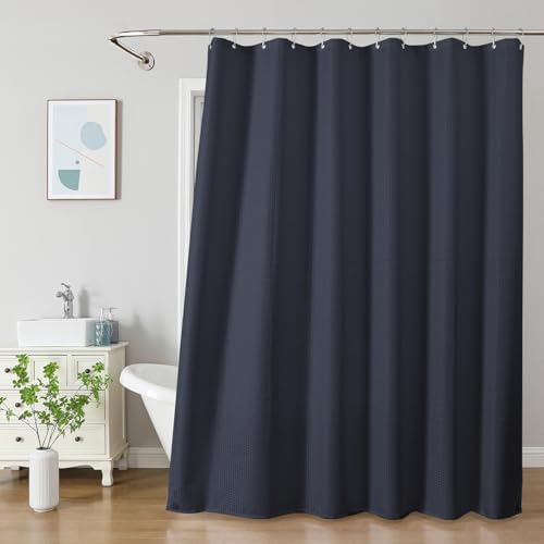 2-in-1 Waterproof Fabric Shower Curtain - No Separate Liner Needed, Hotel-Style Waffle Weave, Effortless Cleaning & Washable Bathroom Shower Curtain Set,72Wx78H,Navy Blue