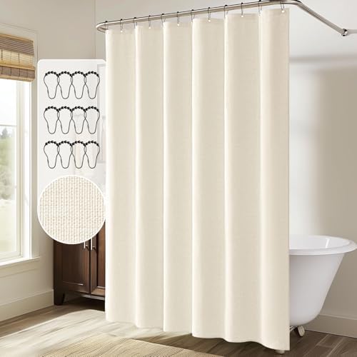 MIULEE 72 x 84 Extra Long Linen Shower Curtain Ivory 12 Metal Hooks