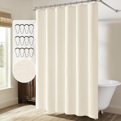 MIULEE 72 x 84 Extra Long Linen Shower Curtain Ivory 12 Metal Hooks