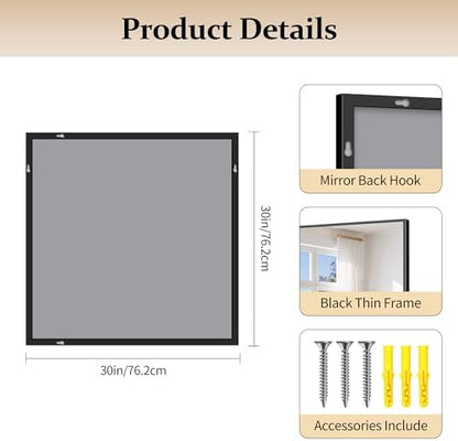 COFENY Black Bathroom Mirror for Wall, 30x30 Inch Rectangle Mirrors with Metal Frame, Modern Vanity Wall Square Mirror for Bathroom Living Room, Entryway Hangs Horizontal or Vertical