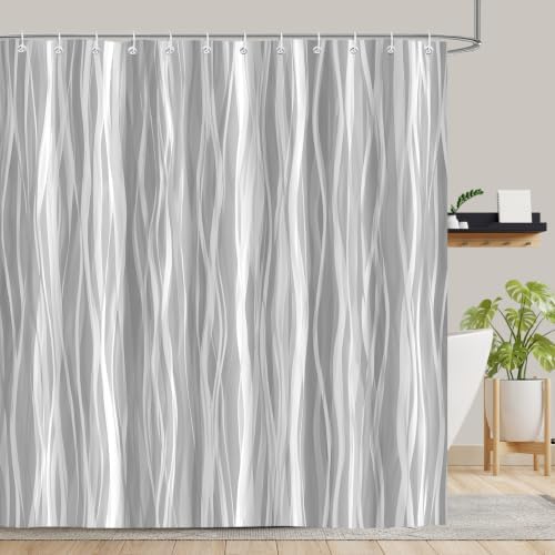 Moonslim Grey Ombre Shower Curtain, Modern Wavy Abstract Gray Striped Line Bathroom Curtain, Waterproof Fabric Bath Decor, 72 x 78 Inch
