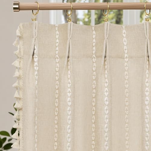 Seenus Beige Boho Farmhouse Window Curtain with Tassels, 30 x 36 Inch Light Filtering Sheer Short Cafe Window Curtain Tier, Linen Textured Pleated Small Window Drape for Kitchen or Bathroom, 1 Panel