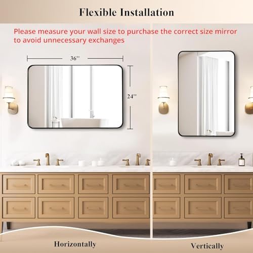 Black Bathroom Vanity Mirror Over Sink 24x36, Large Wall Rectangle Mirror