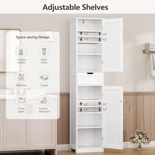 Iwell 66.9" Tall Bathroom Cabinet, Storage Cabinet with 2 Doors & 1 Drawer, Bathroom Storage Cabinets with Adjustable Shelves, for Living Room, Entryway, Home Office, White