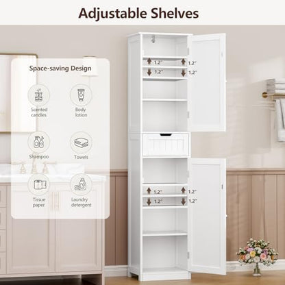 Iwell 66.9" Tall Bathroom Cabinet, Storage Cabinet with 2 Doors & 1 Drawer, Bathroom Storage Cabinets with Adjustable Shelves, for Living Room, Entryway, Home Office, White