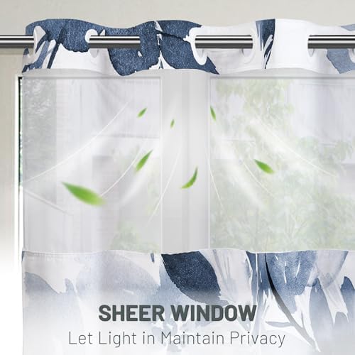 WITHLOC No Hook Floral Shower Curtain with Liner, Aqua Blue, 71x74