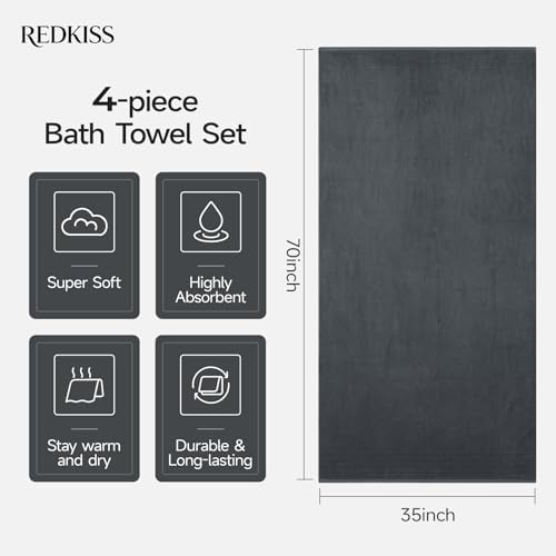 REDKISS Luxury Bath Towels Set of 4, 35x70 in, Highly Absorbent & Quick Dry, Super Soft Extra Large Premium Thick Cotton Gray Bath Sheets for Shower, Hotel, Bathroom, Spa