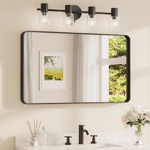 TETOTE Black Framed Bathroom Mirror, 40 x 24 Inch Matte Metal Frame Vanity Mirror, Modern Farmhouse Wall Mounted Rectangle Mirror (Horizontal/Vertical)