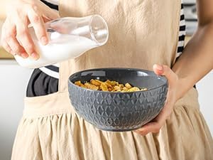 HASENSE Cereal Bowls Set of 4, 26 OZ Ceramic Soup Bowls,Stoneware Porcelain Cereal Bowls for Soup, Cereal, Oatmeal, Fruit, Salad, Embossed Pattern, Cereal Bowls for Kitchen & Home, Gray