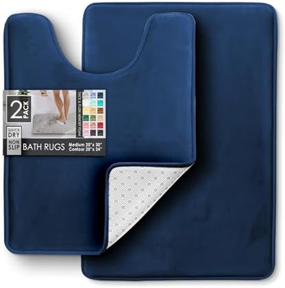Clara Clark 2 Piece Bathroom Rugs, Velvet Memory Foam Bath Mat Set, Non-Slip Bath Rugs, Machine Wash, Dries Quickly, Ultra Soft Plush Bath Mats for Bathroom, 20 x 32 + Contour, Blue