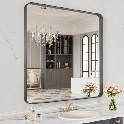 LOAAO 32X32 Inch Black Metal Framed Bathroom Mirror for Wall