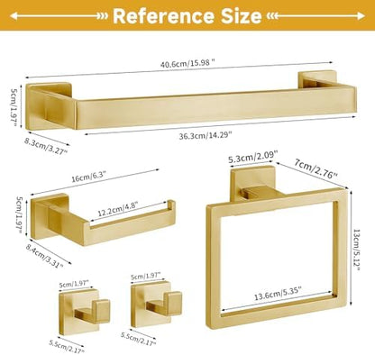5-Piece Brushed Gold Bathroom Accessory Set, 16 Inch Bathroom Hardware Set, Towel Racks for Bathroom, SUS304 Stainless Steel Wall Mounted Bath Towel Bar Set