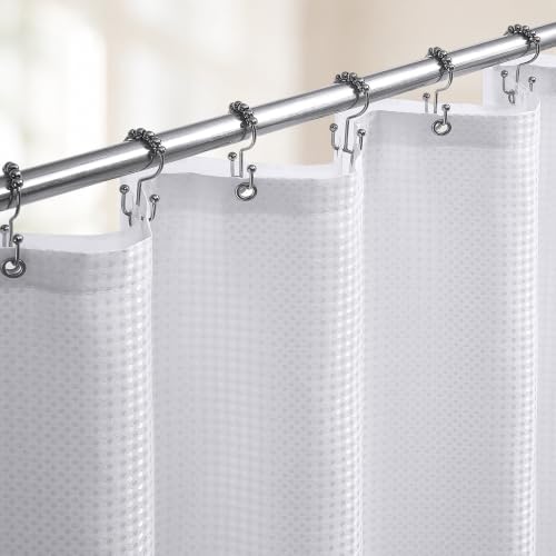 3 in 1 Shower Curtain Set, Waffle Shower Curtain and Liner Set with 12 Double Sided Shower Curtain Hooks, 72 x 84 Fabric Shower Curtains for Bathroom, White