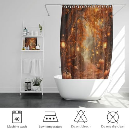 Fall Pumpkins Shower Curtain，Halloween Autumn Thanksgiving Harvest Forest Rural Trail Bathroom Decor，60 x 72 Inch Polyester Fabric Waterproof Bathroom Curtain with Hooks