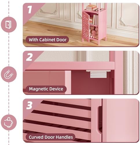 HITNET Small Bathroom Storage Cabinet, Bamboo Floor Cabinet Single Door, Freestanding Narrow Side Organizer for Living Room Hallway Entryway, Pink