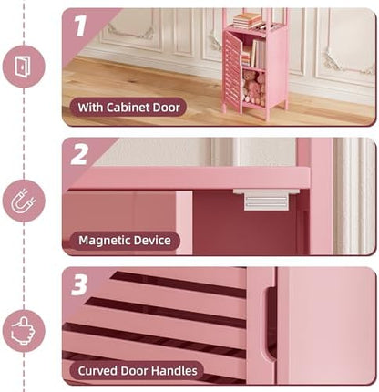 HITNET Small Bathroom Storage Cabinet, Bamboo Floor Cabinet Single Door, Freestanding Narrow Side Organizer for Living Room Hallway Entryway, Pink