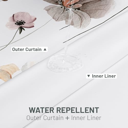 WITHLOC No Hook Floral Shower Curtain with Liner, Brown, 71x74