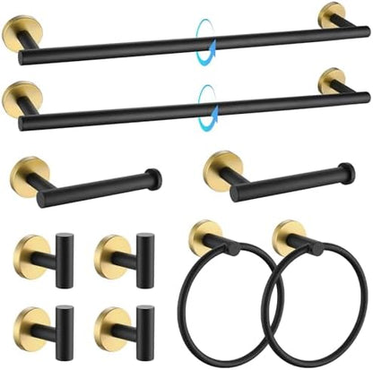 TQKAG Black and Gold Bathroom Hardware Accessories Set 10-Pieces, Premium SUS304 Stainless Steel Bathroom Towel Bar Holder Set 23.6 Inch Round Towel Racks for Bathroom Wall Mounted