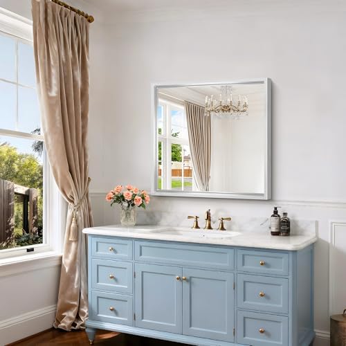 30x30 Silver Bathroom Mirror, Brushed Silver Rectangular Mirror for Wall, 0.6" Thickened Deep Frame Mirrors for Bathroom Sink, Shatterproof Tempered Glass, Antirust, Horizontally or Vertically
