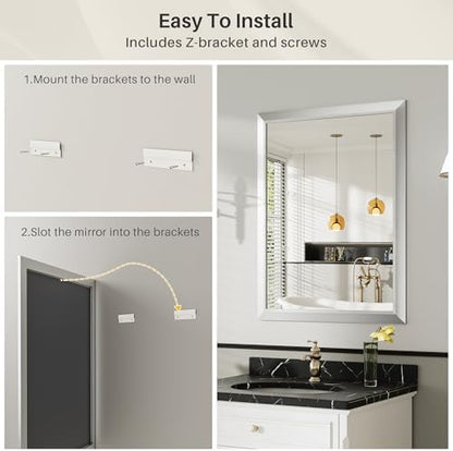 Briivue Bathroom Wall Mirror, Silver Brushed Nickel Metal Frame, 36x36 Inch