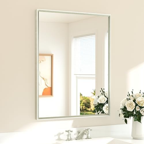 TETOTE Brushed Nickel Mirror for Bathroom Sink 28" x 36" Beveled Frame Brushed Nickel Vanity Rectangle Mirror for Bathroom Wall, Modern Farmhouse, Tempered Glass, Shatterproof, Stronger Frame