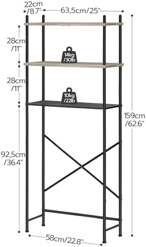 HOOBRO Over the Toilet Storage, 3-Tier Over Toilet Bathroom Organizer, Freestanding Above Toilet Shelf with Adjustable Feet, Space Saving, Easy Assembly, Greige and Black BG63TS01